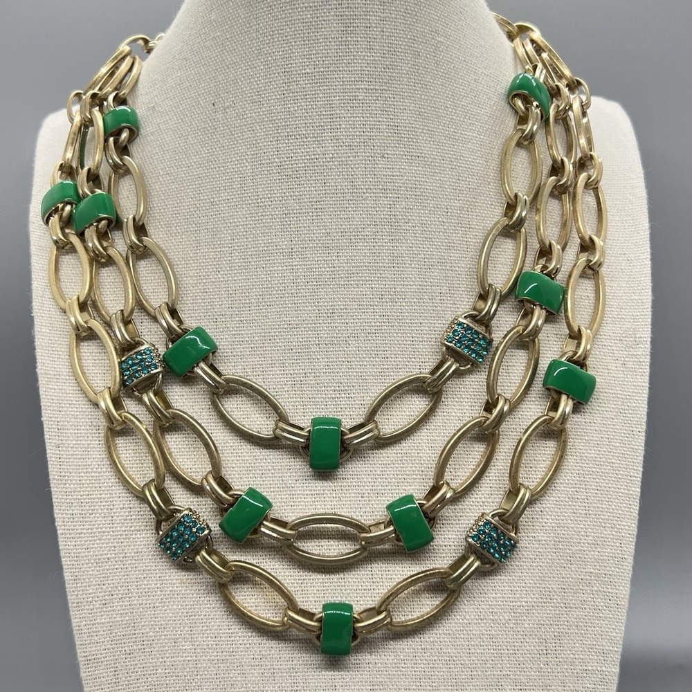 Coldwater Creek Green Enamel Blue Rhinestone Multi Strand Necklace Gold Tone
